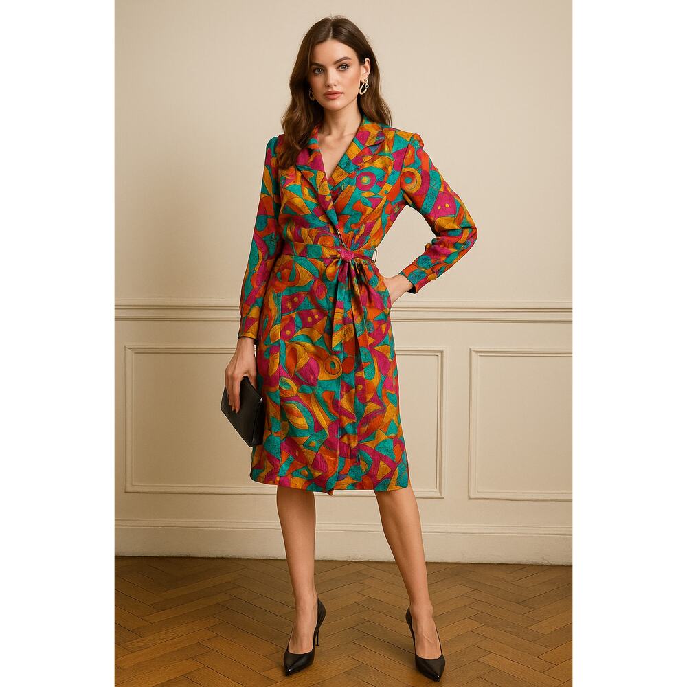 Vintage Joan Leslie 100% Silk Wrap Dress Bold 80s 90s Geometric Retro Maximalist